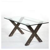 RESTORATION HARDWARE RIVET RECTANGULAR DINING TABLE, GLASS TOP | Having thick glass top and wooden X