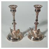 (2pc) English silver plate fox hunting candlesticks | Design on base features a fox on a saddle with