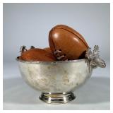 (4pc) Silverplate Stag Handle Bowl with Three Antique Miniature Leather Rugby Balls | Bowl features 