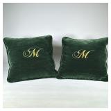 (2pc) Green Velvet Monogrammed Throw Pillows | Green velvet pair of pillows with gold embroidered “M