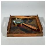 (2pc) Vintage Glass & Wood Pheasant Spaniel Tray With Wood & Brass Magnifying Glass | Vintage wood a