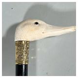 Antique Carved Bone Goose Head Cane | Carved bone head. Missing one glass eye. Brass etched Collar B