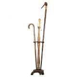 (4pc) Three Wooden Walking Sticks & Wood Cane or Pool Cue Holder | Includes One Alpine Badge Hiking 