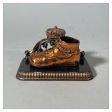 Bronzed Child’s Shoe | Sitting on shelf with crown on the back. Numbered on the inside. - h. 4 x w. 