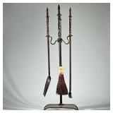 (4pc) Stand and Fireplace Tools | Cast iron, hand wrought set includes broom, shovel and poker. Dime