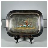 Vintage Silverplate Hand Painted enamel Hunting Scene Tray | Vintage footed silverplate hand-painted