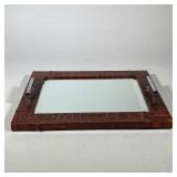 Leather Mirror Tray | Having leather trim and two silver handles. - h. 2.5 x w. 14.5 x l. 17.75 in