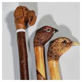(3pc) Two Carved Birds Heads & One Hunting Dog Head Walking Sticks | Carved and Painted Male & Femal