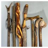 (7pc) Hand Carved Wooden Hiking Sticks & Leather Wrapped Staff | including one leather Wrapped Staff