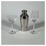 (3pc) Cocktail Shaker And Glasses | Chrome shaker with top, matching martini glass and wine glass by