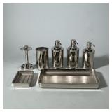 (8pc) RESTORATION HARDWARE Chrome Bathroom Set | Including glass, tray, 3 dispensers, soap tray, lar