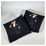 (2pc) Ralph Lauren KNITTED Pillows | Knitted black pillows with bear in tuxedo holding a martini. Bu