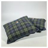 (2pc) Ralph Lauren WOOL Pillows | 100% wool green, blue and black tartan pillows with bear holding m