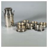 (8pc) Silver Candle Holders And Jug | Seven low rimmed candle holders and jug with lid made in India