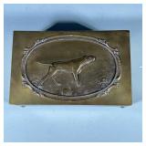 Brass CIGAR Box | Cigar box with Pointer on top and carved flowers on rim. - h. 3 x w. 6 x l. 9.5 in