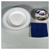 (3pc) Assorted Pottery | One large white plate with blue trim made by Pottery Barn, dark blue almost