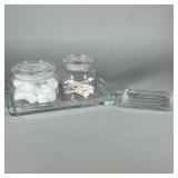 (4pc) Restoration Hardware Bathroom Vanity Set | Including two jars with lids, oblong trays and soap