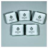 (5pc) Ashtrays | Matching Grand Hotel Quisisana, Capri trays white with green trim. - w. 4 x l. 4 in
