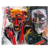 MANNER of BASQUIAT "YOU NEED" OIL ON PANEL | Pseudo-abstract scene with skull and faces. Oil on arti
