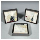 (3pc) SIGNED & FRAMED TILE ART | Set of 3 metal framed art decorated tiles, signed on back - w. 4.75