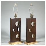 (2pc) Pair Tall Wooden Modern Table Lamps | Mid-century modern cut-out table lamps, each having a re