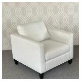 LEE INDUSTRIES ARMCHAIR | Upholstered armchair in "Duke Alabaster" textured fabric, over dark wood t