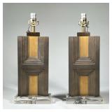 (2pc) Pair Huron Bronze Finish Table Lamps With Skyscraper H Design | Resin table lamps with brown b