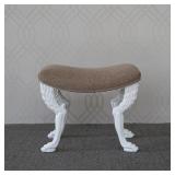 THEODORE ALEXANDER NOB HILL STOOL | White painted carved wood claw-footed bench or vanity stool with