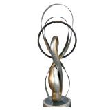 LARGE CONTEMPORARY ABSTRACT METAL & WOOD SCULPTURE | Floor sculpture with intertwining figure-8 meta