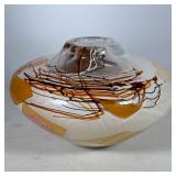 SIGNED STUDIO ART GLASS VASE | Handblown thick art glass vase of wide form with a narrowed neck, hav