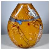 SIGNED STUDIO ART GLASS VASE | Organic teardrop-form colorful art glass vase with a warm amber groun