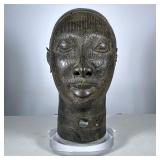 AFRICAN HOLLOW METAL BUST ON STAND | Traditional hollow-cast metal African bust on acrylic base, hav
