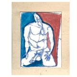 SIGNED PASTEL DRAWING OF SEATED MALE FIGURE | Abstract figure in red white and blue Figurative drawi