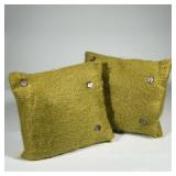 (2pc) Green Mohair Throw Pillows | A pair of square decorative pillows in textured green mohair, ado