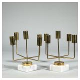 (2pc) Pair Modern Brass Candle Holders | Pair of sculptural brass candelabra, each with five cylindr