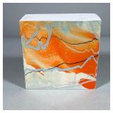 Signed Lacquered Abstract Art Block | Signed lacquered art on wood panel with bold orange, cream, an