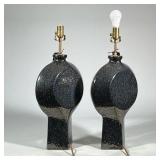 (2pc) Pair Tall Nicolae Mid-Century Modern Ceramic Lamps | Geometric shaped lamps with dark, texture
