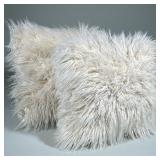 (2pc) Faux Fur Square Matching Throw Pillows | Of ivory color. Zipper and duck feathers/polyester fi
