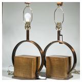 (2pc) Pair Keno Large Geometric Contemporary Table Lamps | Mahogany finished square blocks within br