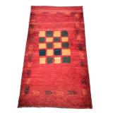 Gabbeh Wool Rug | Hand-knotted wool Persian rug with blue and beige central checkered medallion Dime