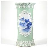 JAPANESE GLAZED CELADON MEDALLION UMBRELLA STAND | With underglaze blue mountainous landscape painte