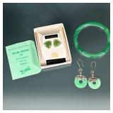 (3pc) JADE BANGLE, EARRINGS & STUDS | Group of three pieces of jade jewelry, including a round bangl