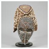 African Cowry Shell Mask | Wood carved & painted mask with beadwork accents, canvas head covering wi