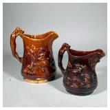 (2pc) Bennington Rockingham Hound Handle Pitchers | Two Bennington Rockingham pottery pitchers with 
