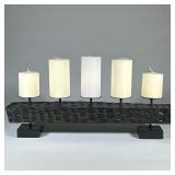 Carved Wood 5-Arm Pillar Candelabra | Carved wood candelabra with five pillar candle holders mounted