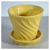Roseville Pottery Yellow Planter & Saucer | Yellow glazed Roseville pottery small planter with attac