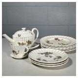 (13pc) SPODE COPELAND DISHES | Spode Copeland “Wicker Lane” porcelain dishes including teapot with s