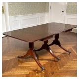 Duncan Phyfe Style Dining Table with Leaves | Vintage Duncan Phyfe style three pillar mahogany dinin