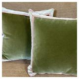 (2pc) Throw Pillows - Green Velvet 1/2 | Two square reversible throw pillows with green velvet fabri