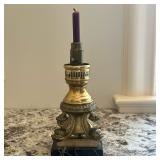 Brass Candlestick Table Lamp | Antique brass candlestick table lamp with intricate scrollwork, a dar